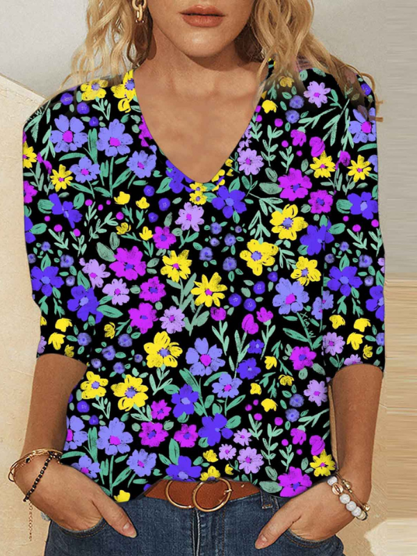 Womens Retro Vintage Floral T-Shirts Light Weight V-Neck Long Sleeve Country Little Floral Tops S-5XL