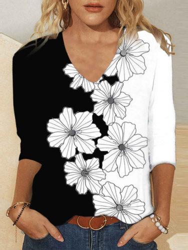 Womens Floral Print Color Patchwork T-Shirts Light Weight V-Neck Long Sleeve Tops S-5XL