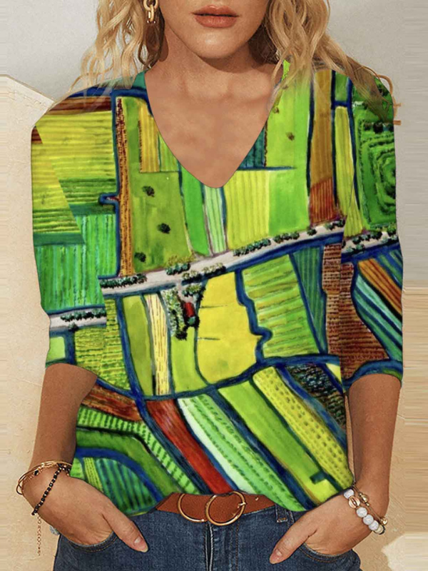 Womens Abstract Mosaic Print T-Shirts Light Weight V-Neck Long Sleeve Tops S-5XL