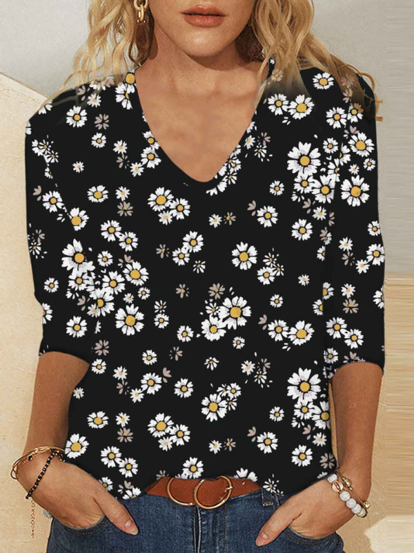 Womens Floral Print Color Patchwork T-Shirts Light Weight V-Neck Long Sleeve Tops S-5XL
