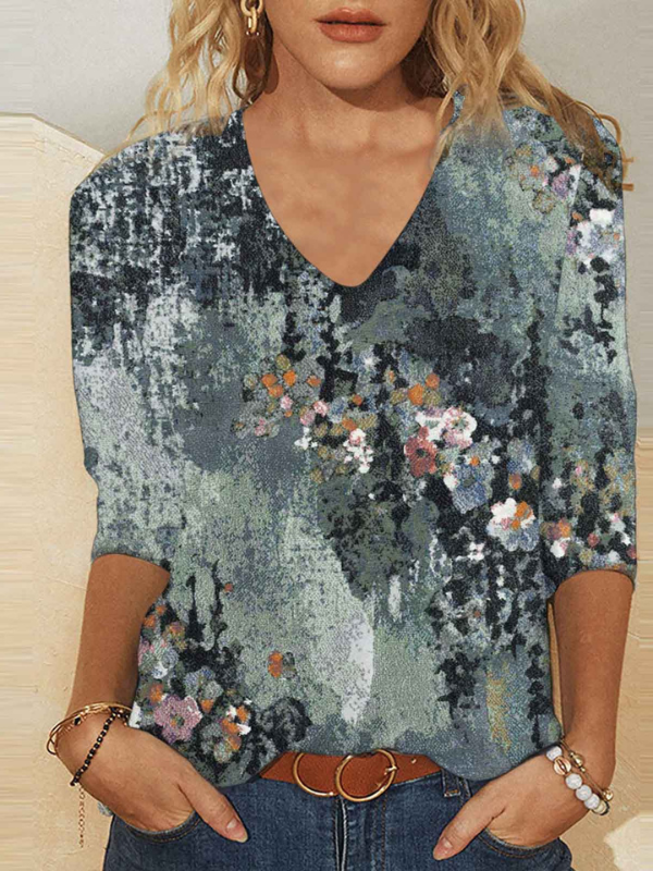 Womens Retro Vintage Blue Floral T-Shirts Light Weight V-Neck Long Sleeve Floral Print Tops S-5XL