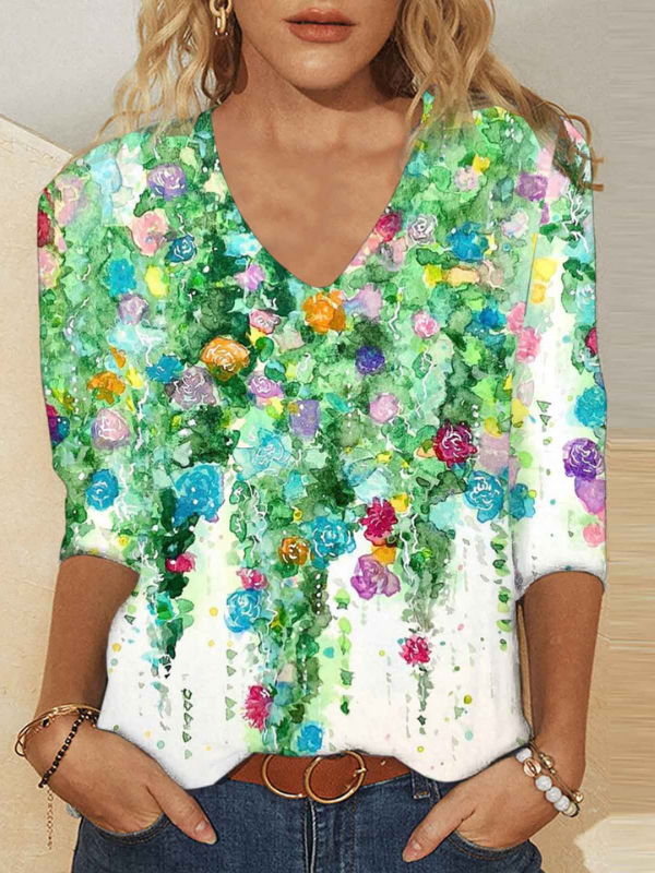 Womens Floral Print T-Shirts Light Weight V-Neck Long Sleeve Tops S-5XL