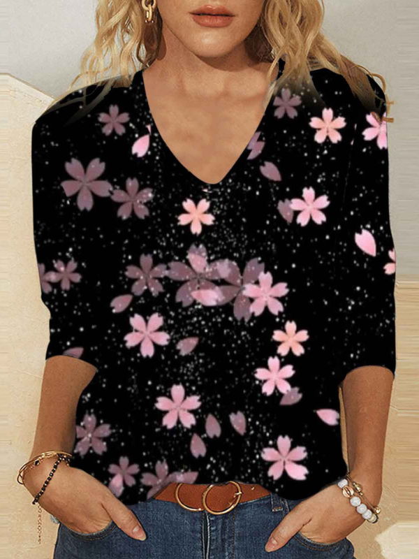 Womens Pink Floral Print Black T-Shirts Light Weight V-Neck Long Sleeve Tops S-5XL