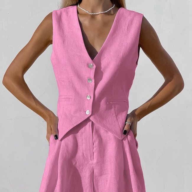 Women's Cotton Linen 2Piece Set Sleeveless Vest and Short Pant 100% Cotton 10Colors