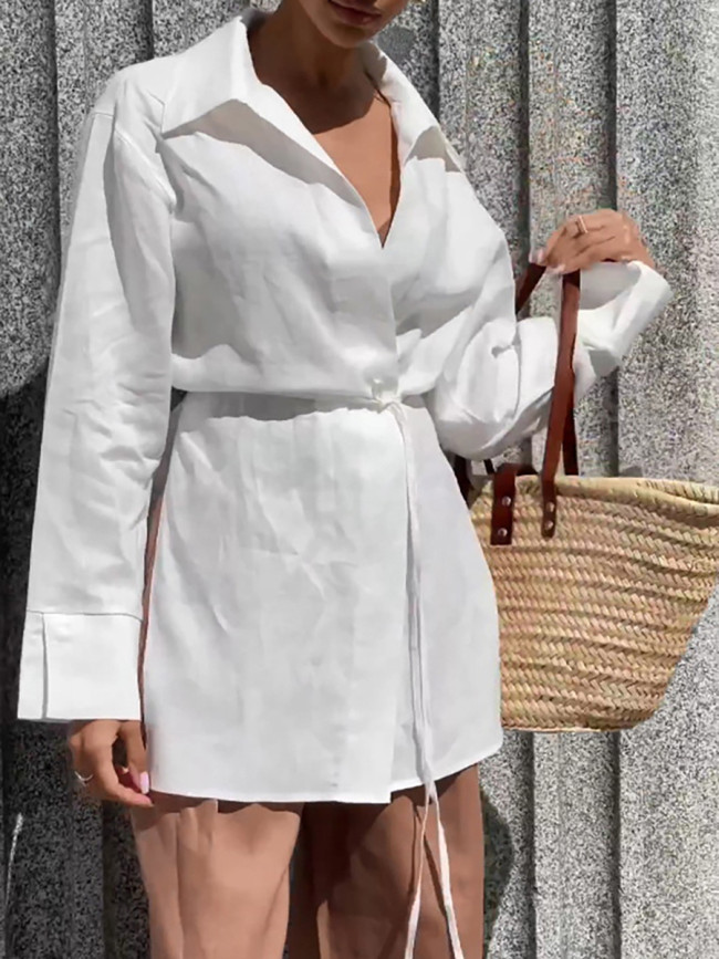 Women's Cotton Linen Shirt Long Sleeve Lace up White Shirt