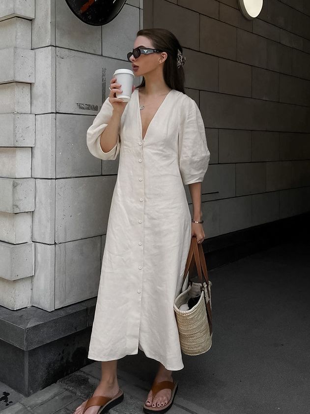 Women's Elegant Dress V-Neck Puff Sleeve A Line Shirt Dress Cotton Linen Dress