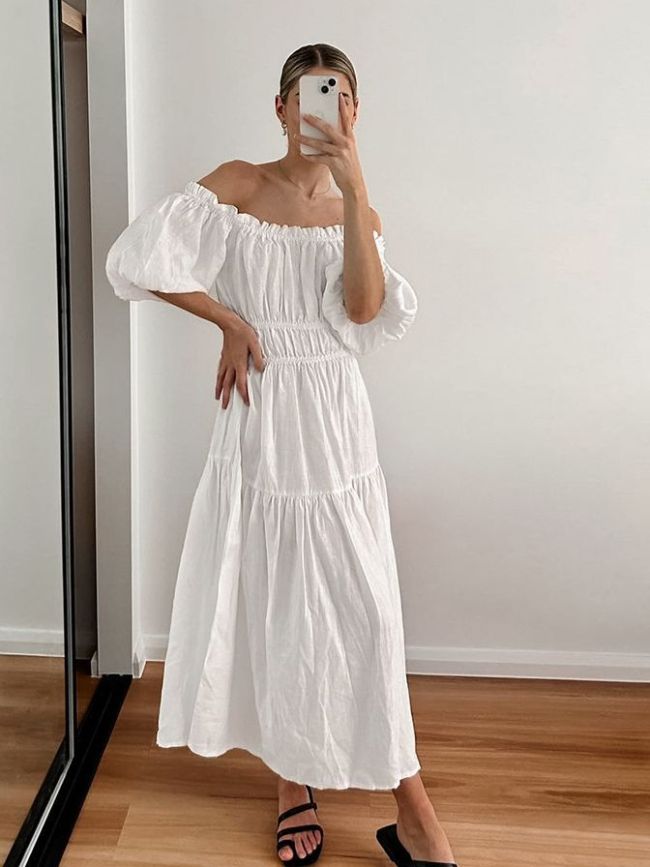 Women's Boho Dress White off Shoulder Puff Sleeve A Line French Style Chic Summer Dress