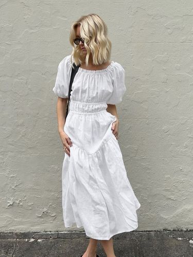 Women's Boho Dress White off Shoulder Puff Sleeve A Line French Style Chic Summer Dress