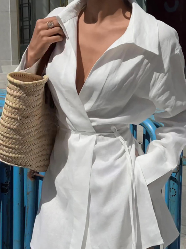 Women's Cotton Linen Shirt Long Sleeve Lace up White Shirt