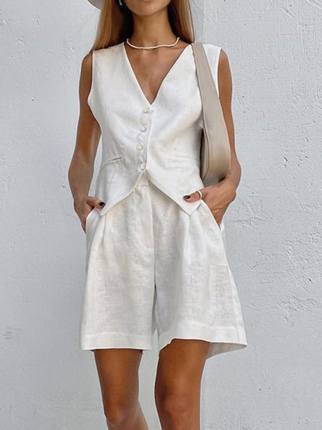Women's Cotton Linen 2Piece Set Sleeveless Vest and Short Pant 100% Cotton 10Colors