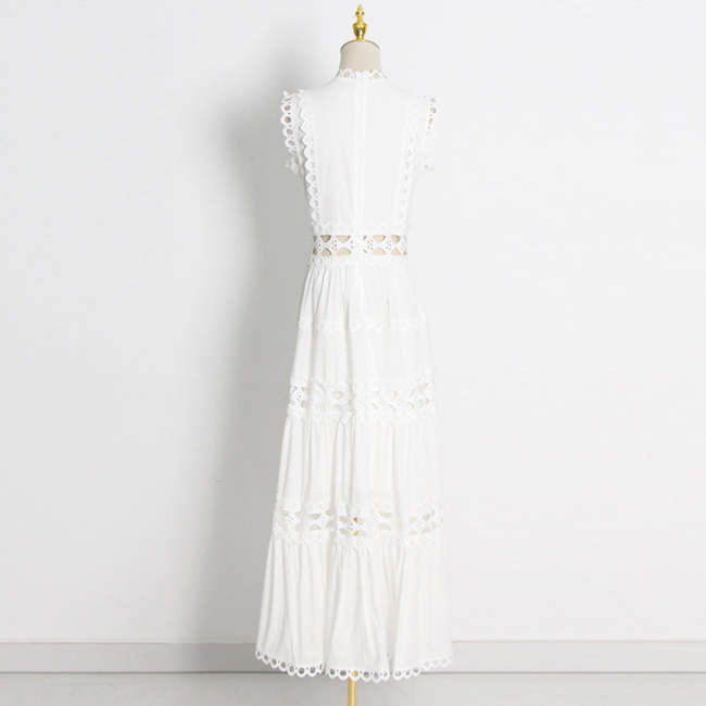 Women's Party Wedding Dress French Retro Solid Color Long Dress V-Neck Hollow Waistless Sleeveless Ruffled Dress
