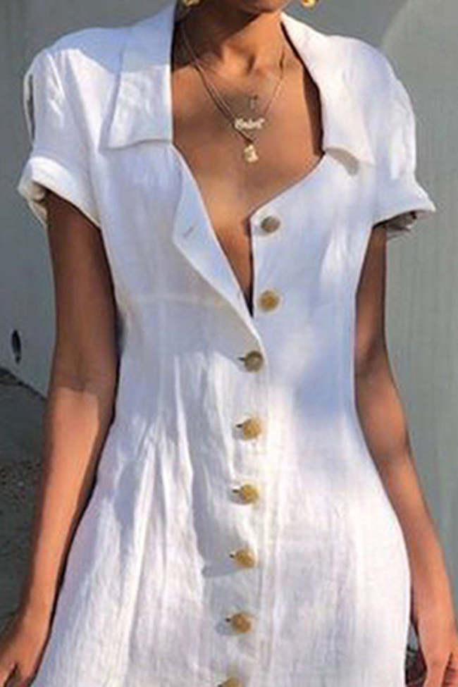 Casual Simplicity Solid Buckle Turndown Collar Shirt Dress Dresses