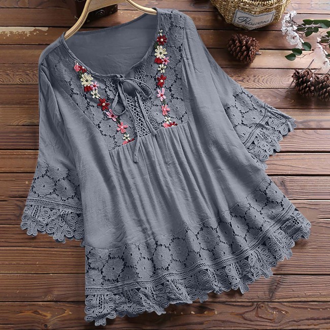 Women's Blouses Loose Belted Lace 3/4 Sleeves Blouse