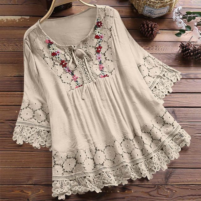 Women's Blouses Loose Belted Lace 3/4 Sleeves Blouse