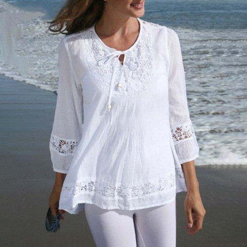 Women's Embroidery Cotton Linen Blouse 3/4 Sleeve Lace Hollow out Elegant Shirts Top