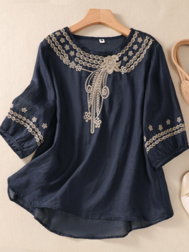 Women's Linen Blouse Embroidery Floral Crew Neck Mid Sleeve Top
