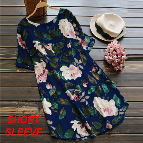 Women's Lightweigh Cotton Linen Dress Ethnic Floral Print Tunic Dress Short Sleeve