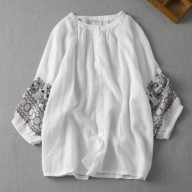 Women's Ethnic Linen Shirt Crew Neck Embroidery Sleeve Cotton Linen Blouse Top