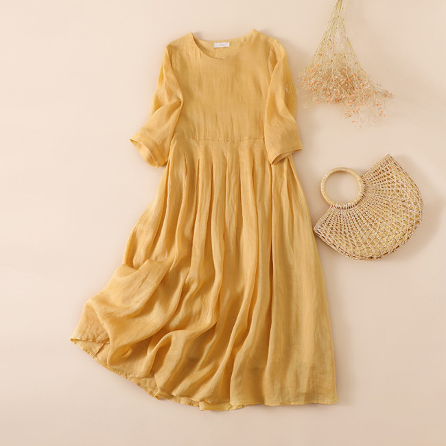 Women's Lightweigh Cotton Linen Dress Minimalist Style Casual Solid Mid Sleeve Linen Dress