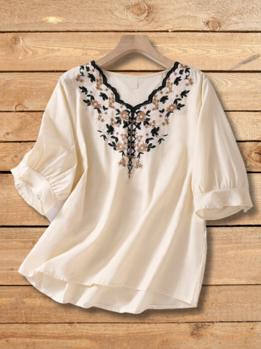 Women's Linen Blouse Embroidery Floral V-Neck Mid Sleeve Top
