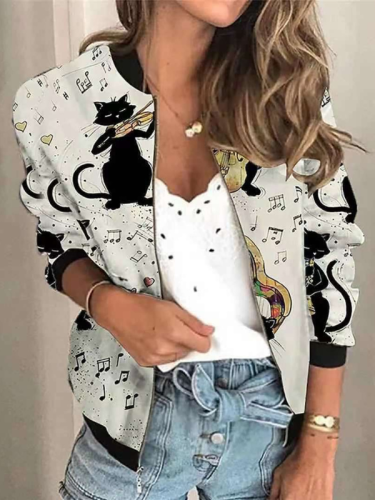 Women's Cat Print Cardigan Polo Collar Long Sleeve Light Weight Cardigan Outwear