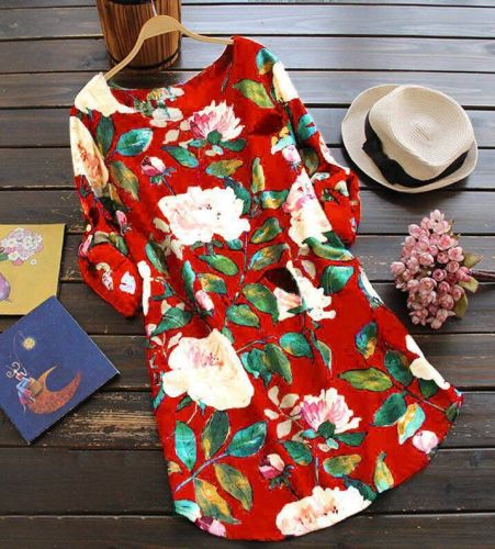 Women's Lightweigh Cotton Linen Dress Ethnic Floral Print Tunic Dress Long Sleeve