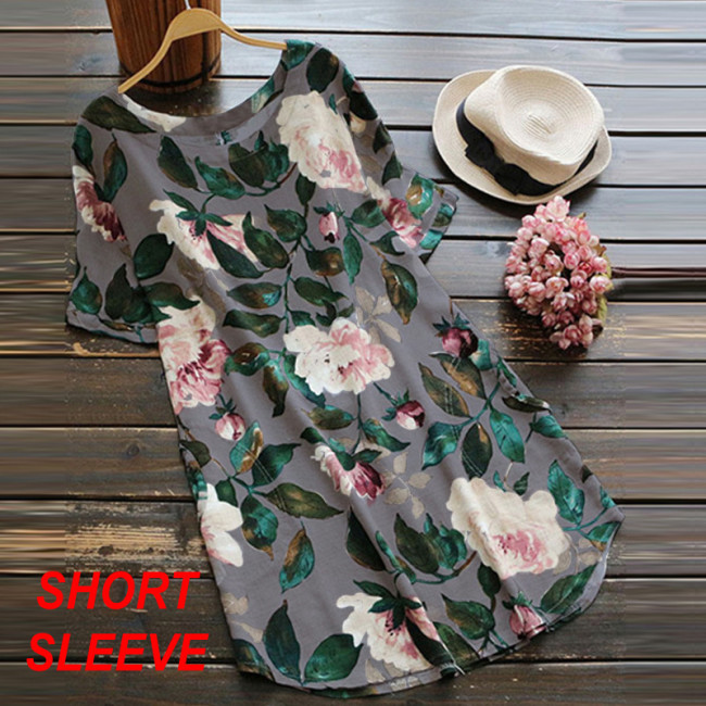 Women's Lightweigh Cotton Linen Dress Ethnic Floral Print Tunic Dress Short Sleeve