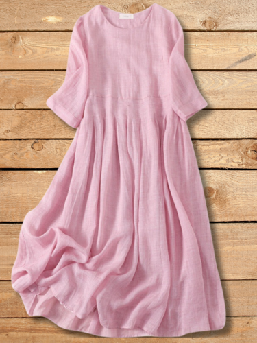 Women's Lightweigh Cotton Linen Dress Minimalist Style Casual Solid Mid Sleeve Linen Dress
