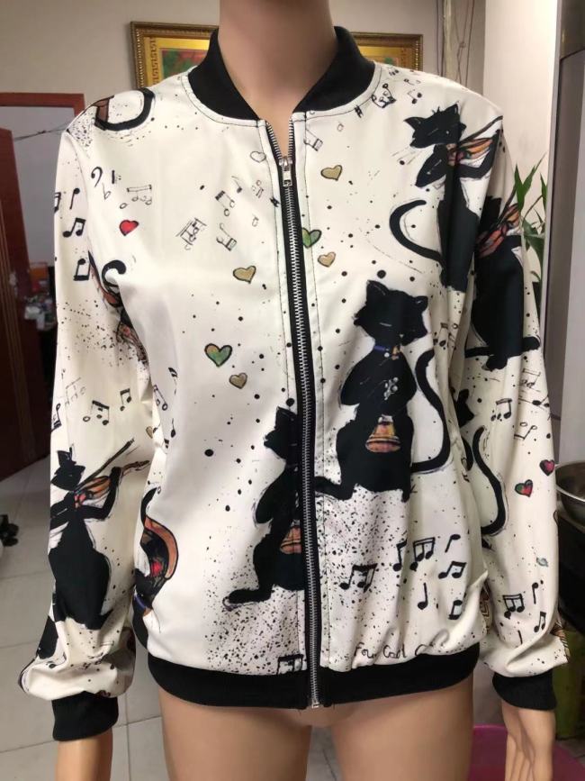Women's Cat Print Cardigan Polo Collar Long Sleeve Light Weight Cardigan Outwear