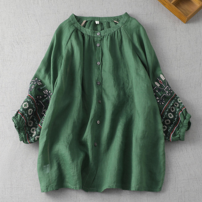 Women's Ethnic Linen Shirt Crew Neck Embroidery Sleeve Cotton Linen Blouse Top