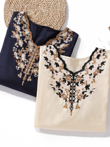 Women's Linen Blouse Embroidery Floral V-Neck Mid Sleeve Top