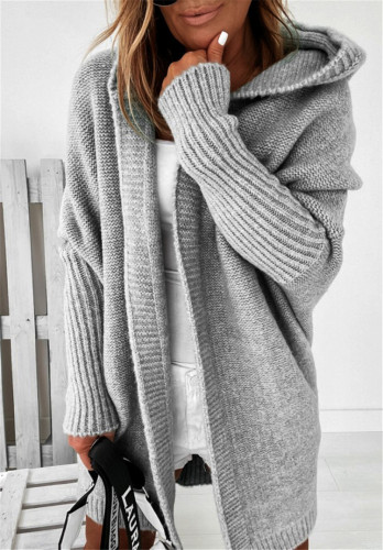 Women's Solid Hooded Knited Sweater Cardigan Open Front Bat Sleeve Long Cardigan