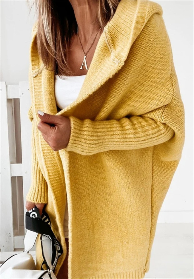 Women's Solid Hooded Knited Sweater Cardigan Open Front Bat Sleeve Long Cardigan