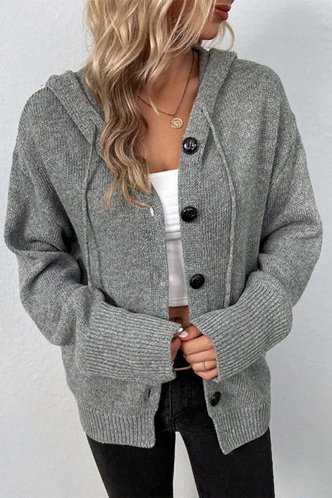 Casual Solid Buttons Hooded Collar Tops