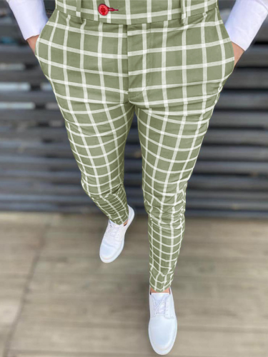 Men's New Fall Long Pant Casual Straight Plaid Print Mens Skinny Business Pants 5Colors