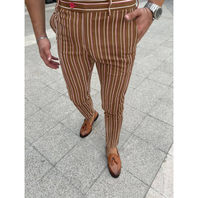Men's New Fall Pant Casual Long Pant Straight Skinny Striped Business Mens Pants 2Colors