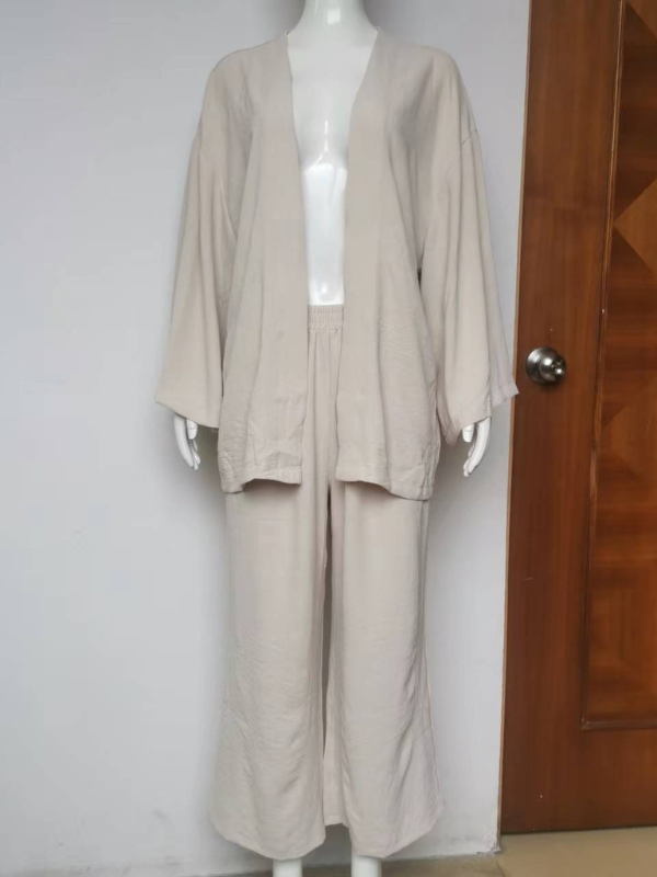 Women's Cotton Linen Set Casual Two Piece Set Open Front Loose Top and Wide Leg Pant