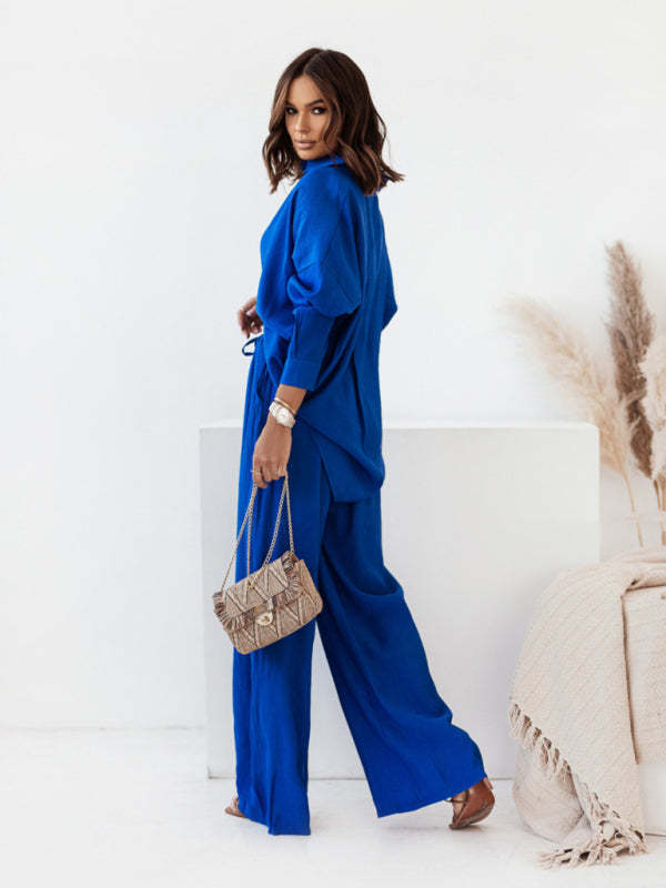 Women's Fashion Two Piece Set Long Loose Shirt Top and Long Wide Leg Pant Ins Style