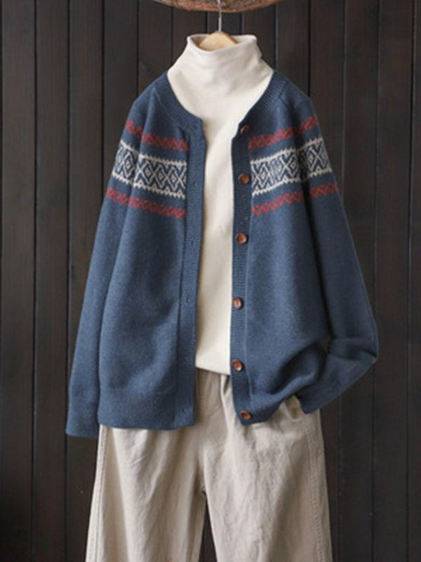 Women's Fall Sweater Cardigan Outwear Tribal Western Style Vintage Knitted Sweater