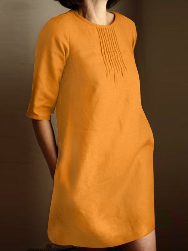 Women's Elegant Linen Dress Crew Neck Mid Sleeve Pleated Design A Linen Midi Dress