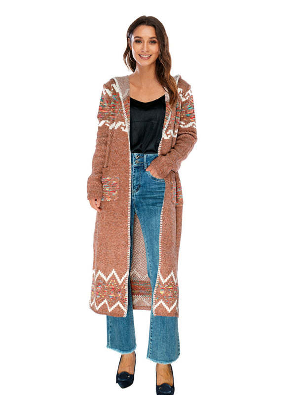 Women's Tribal Bohemian Cardigan Vintage Retro Boho Duster Open Front Long Cardigan with Hooded
