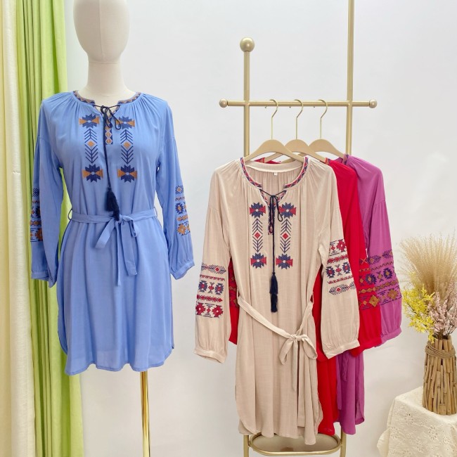 Women's Boho Dress V-Neck Embroidery Floral Bohemian Dress Vintage Tribal Tassel Mini Dresses