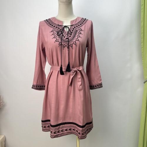 Women's Boho Dress V-Neck Embroidery Floral Bohemian Mini Dress Cotton Linen Vintage Dress