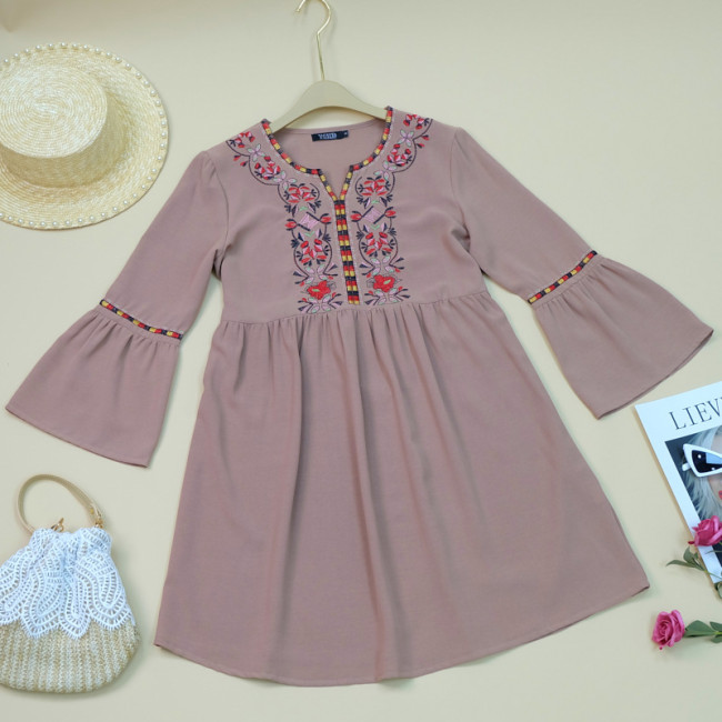 Women's Boho Dress V-Neck Flare Sleeve Embroidery Floral Bohemian Dress Beach Travel Mini Dresses