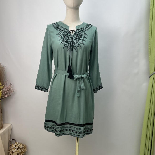 Women's Boho Dress V-Neck Embroidery Floral Bohemian Mini Dress Cotton Linen Vintage Dress
