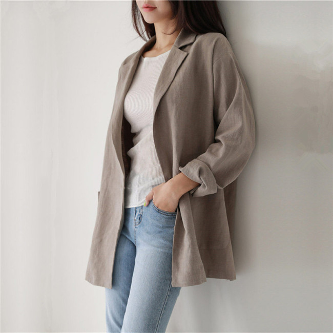 Women's Light Weight Blazer Open Front Cotton Linen Vintage Cardigan Blazer with Pocket