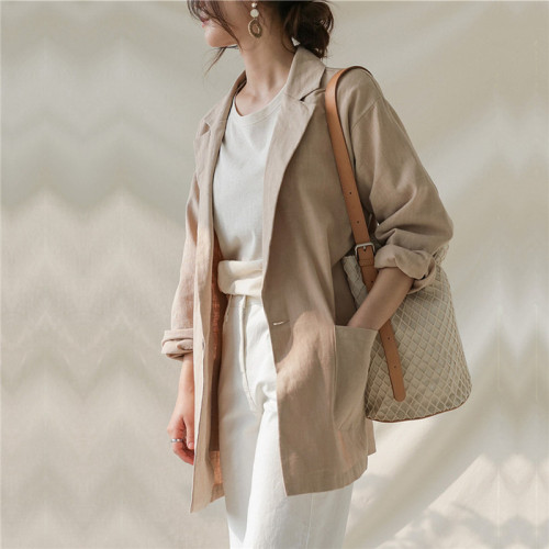 Women's Light Weight Blazer Open Front Cotton Linen Vintage Cardigan Blazer with Pocket