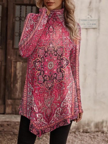 Women's Tribal Tunic High Neckline Long Sleeve Western Floral Print T-Shirt