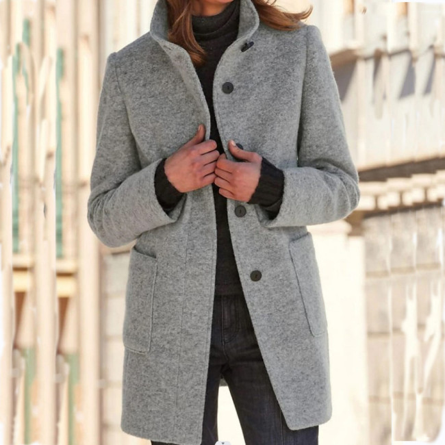 Women's Jacket Coat Retro Solid Color Button Stand Collar Wool Jacket