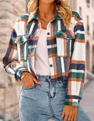 Women's Jacket Coat Retro Lapel Single Breasted Plaid Checked Pattern Crop Jacket